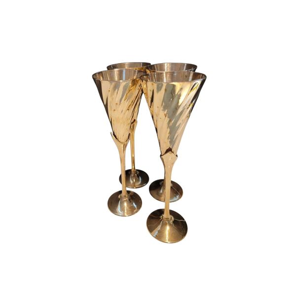 Vintage Brass Champagne Flutes Set of 4 Celebration Toasting Drinkware "READ" - Picture 2 of 16